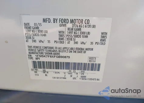 2015 Ford Explorer Limited из США, поврежденный, VIN 1FM5K7F8XFGB90875